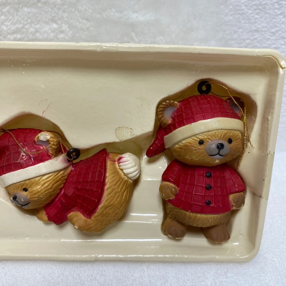 VTG Dept 56 Set of 4 Christmas Teddy Bear Hand Painted Ornaments Santa‎